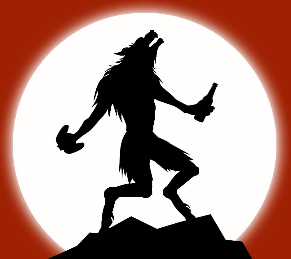 the official Wolf's Gaming Blog logo, a werewolf with the full moon behind him. IN his paws, he clutches a bottle of beer and a controller.